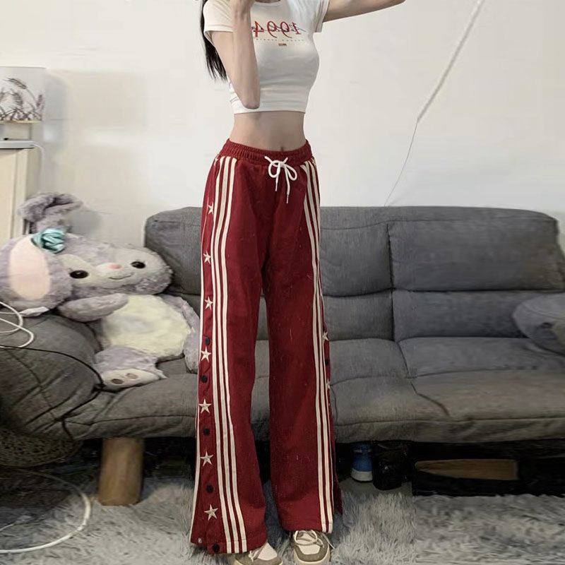 Jiashucheng Quần Dài Dáng Suông Kẻ Sọc Đính Ngôi Sao Phong Cách Retro Mỹ Cho Nam Và Nữ Dễ Phối Đồ