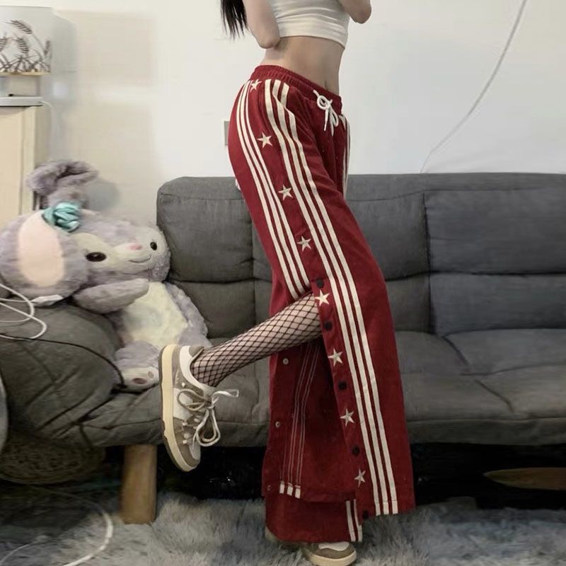 Jiashucheng Quần Dài Dáng Suông Kẻ Sọc Đính Ngôi Sao Phong Cách Retro Mỹ Cho Nam Và Nữ Dễ Phối Đồ
