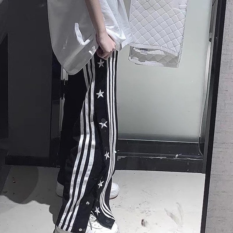 Jiashucheng Quần Dài Dáng Suông Kẻ Sọc Đính Ngôi Sao Phong Cách Retro Mỹ Cho Nam Và Nữ Dễ Phối Đồ