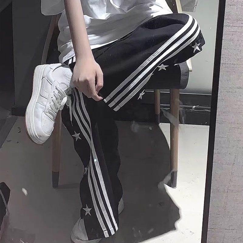 Jiashucheng Quần Dài Dáng Suông Kẻ Sọc Đính Ngôi Sao Phong Cách Retro Mỹ Cho Nam Và Nữ Dễ Phối Đồ