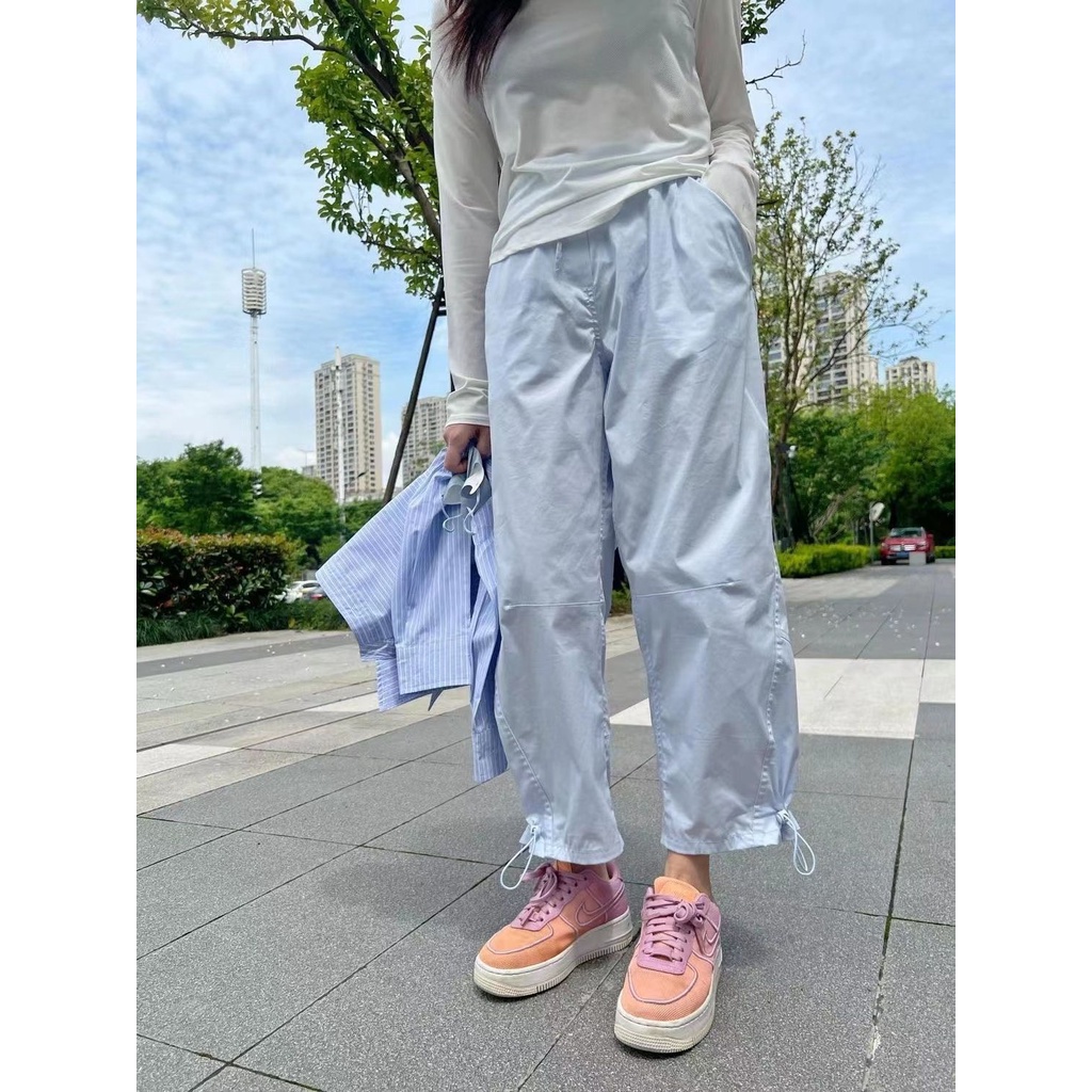 Jiashucheng Quần Thể Thao Dáng Rộng Lưng Cao Màu Xanh Dương Ngọt Ngào Phong Cách Nhật Bản Thời Trang Mùa Hè Cho Nữ