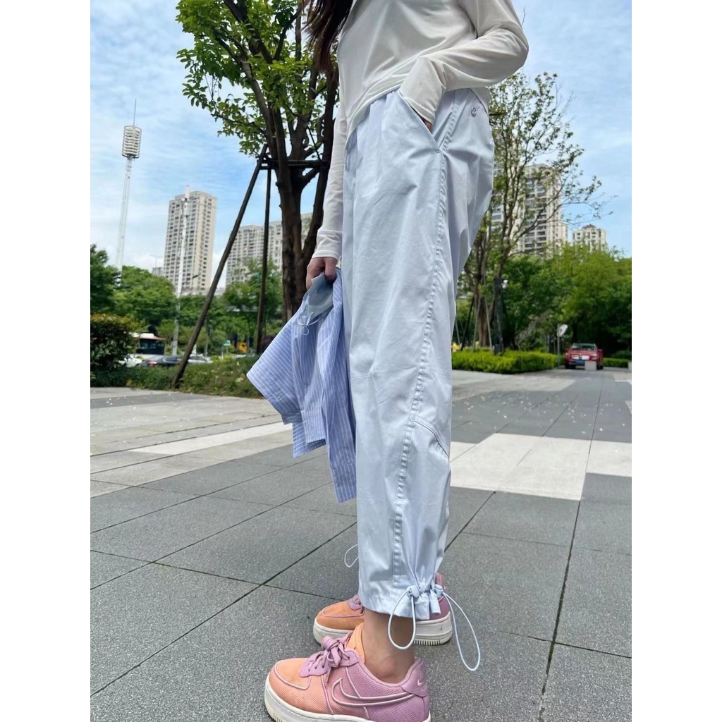 Jiashucheng Quần Thể Thao Dáng Rộng Lưng Cao Màu Xanh Dương Ngọt Ngào Phong Cách Nhật Bản Thời Trang Mùa Hè Cho Nữ