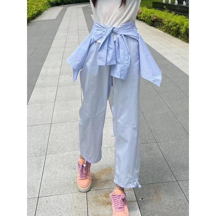 Jiashucheng Quần Thể Thao Dáng Rộng Lưng Cao Màu Xanh Dương Ngọt Ngào Phong Cách Nhật Bản Thời Trang Mùa Hè Cho Nữ