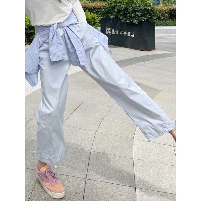 Jiashucheng Quần Thể Thao Dáng Rộng Lưng Cao Màu Xanh Dương Ngọt Ngào Phong Cách Nhật Bản Thời Trang Mùa Hè Cho Nữ