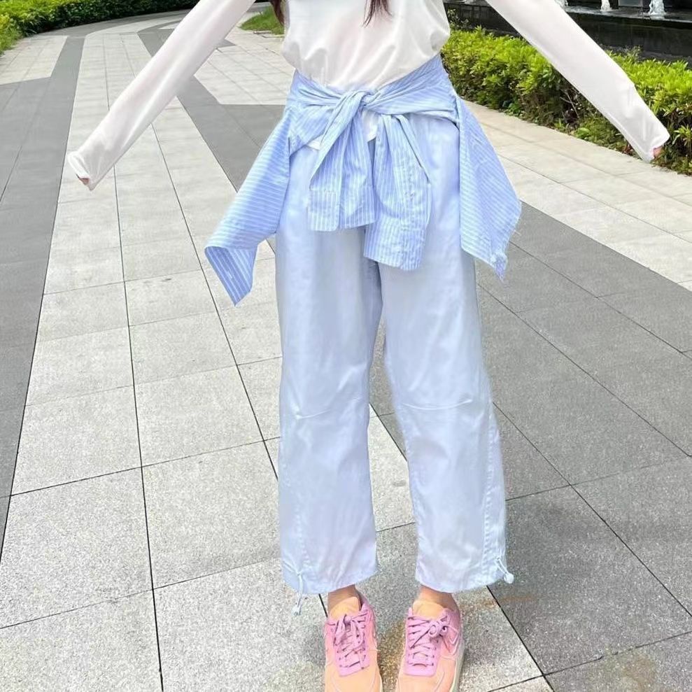 Jiashucheng Quần Thể Thao Dáng Rộng Lưng Cao Màu Xanh Dương Ngọt Ngào Phong Cách Nhật Bản Thời Trang Mùa Hè Cho Nữ