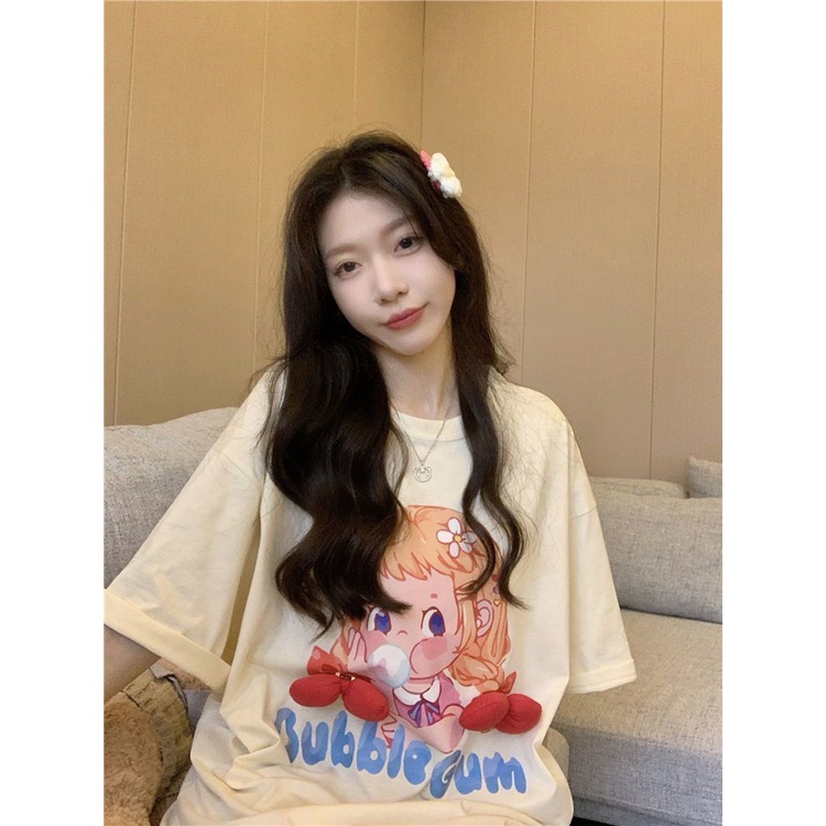 Jiashucheng Áo Thun Tay Ngắn Dáng Rộng In Họa Tiết Thắt Nơ Phong Cách Hàn Quốc Thời Trang Mùa Hè Mới Cho Nữ