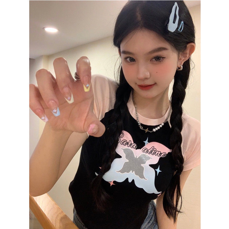 Jiashucheng Áo Thun Raglan Ngắn Tay Ôm Dáng Màu Sắc Tương Phản Phong Cách Retro Mỹ Mùa Hè Cho Nữ