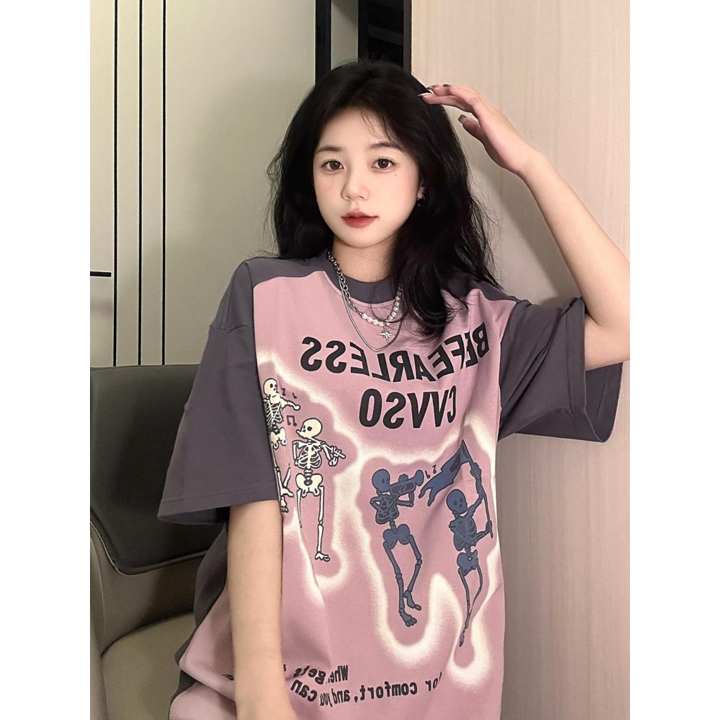 Jiashucheng Áo Thun Tay Ngắn Dáng Rộng Màu Sắc Tương Phản Phong Cách Hip Hop Đường Phố Mỹ