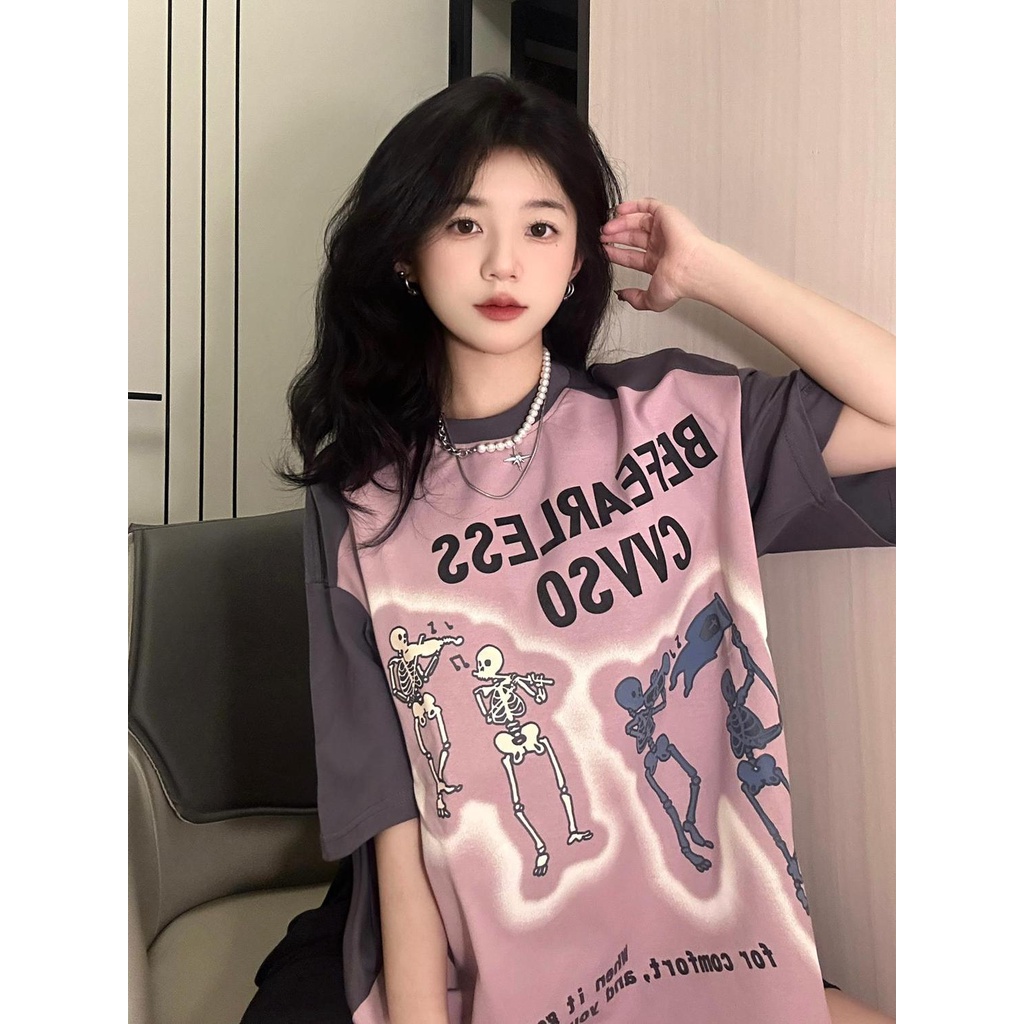 Jiashucheng Áo Thun Tay Ngắn Dáng Rộng Màu Sắc Tương Phản Phong Cách Hip Hop Đường Phố Mỹ