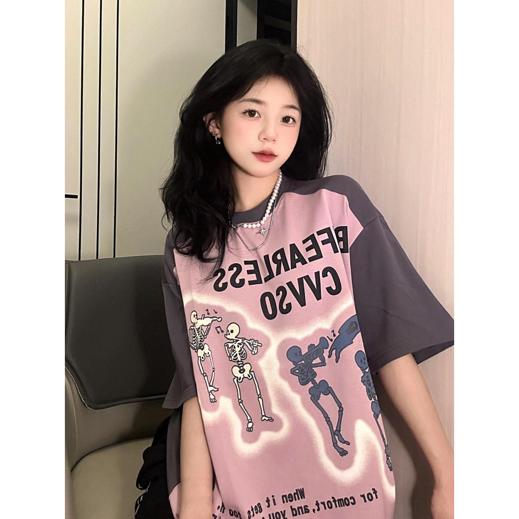 Jiashucheng Áo Thun Tay Ngắn Dáng Rộng Màu Sắc Tương Phản Phong Cách Hip Hop Đường Phố Mỹ