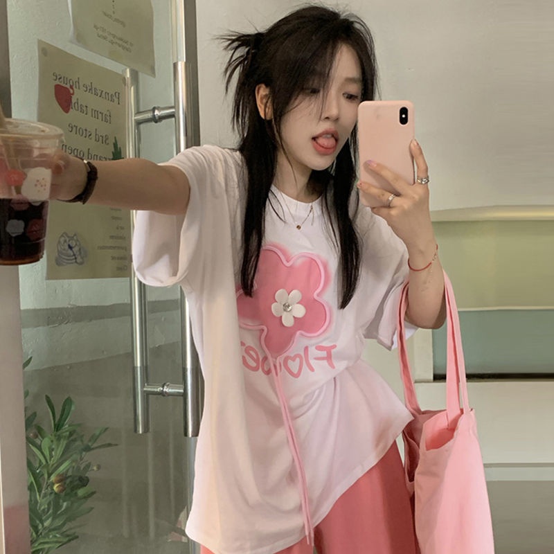 Jiashucheng Áo Thun Tay Ngắn Màu Trắng Dáng Rộng Phong Cách Phương Tây Thời Trang Mùa Hè Cho Nữ