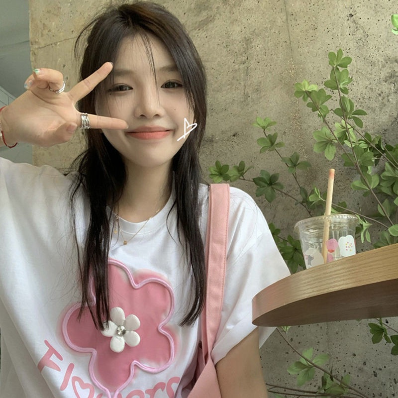 Jiashucheng Áo Thun Tay Ngắn Màu Trắng Dáng Rộng Phong Cách Phương Tây Thời Trang Mùa Hè Cho Nữ