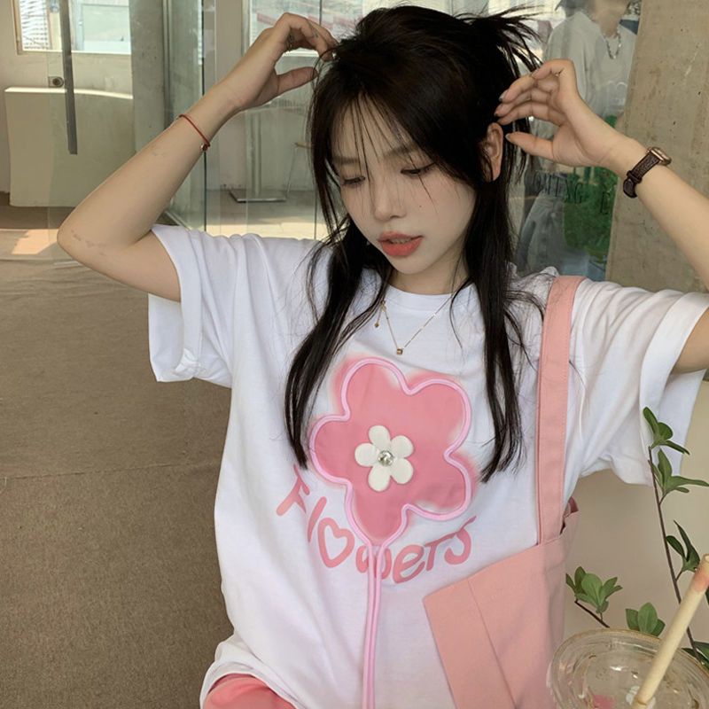 Jiashucheng Áo Thun Tay Ngắn Màu Trắng Dáng Rộng Phong Cách Phương Tây Thời Trang Mùa Hè Cho Nữ