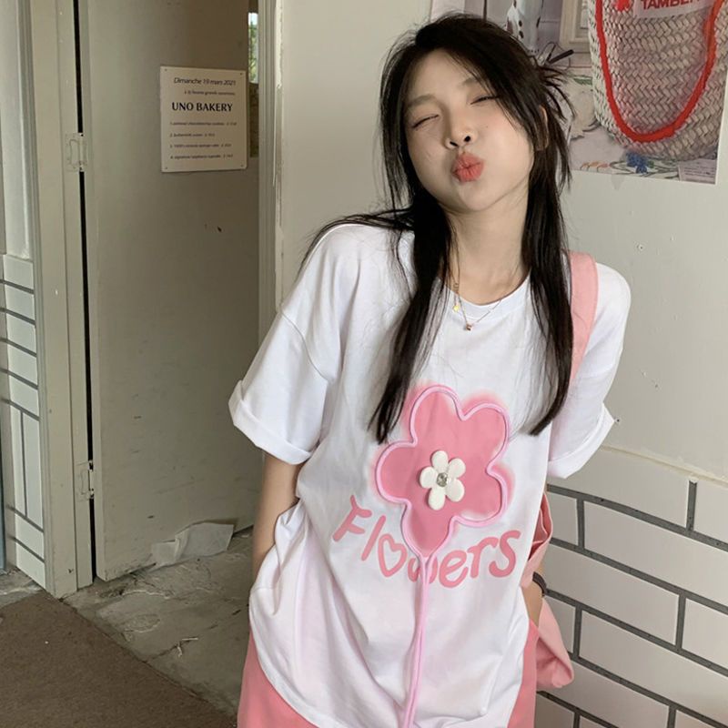 Jiashucheng Áo Thun Tay Ngắn Màu Trắng Dáng Rộng Phong Cách Phương Tây Thời Trang Mùa Hè Cho Nữ