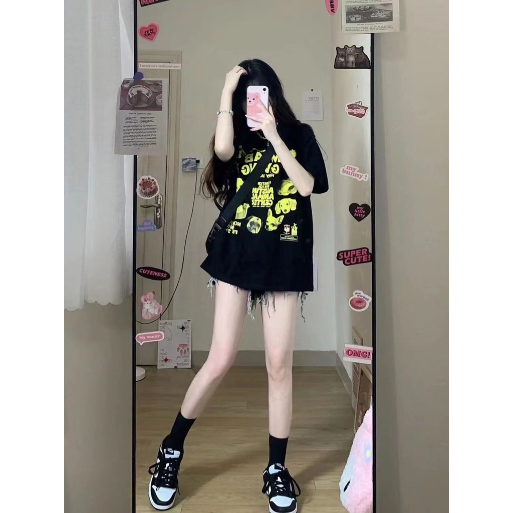 Jiashucheng Áo Thun Nữ Ngắn Tay In Chữ Phong Cách Mới