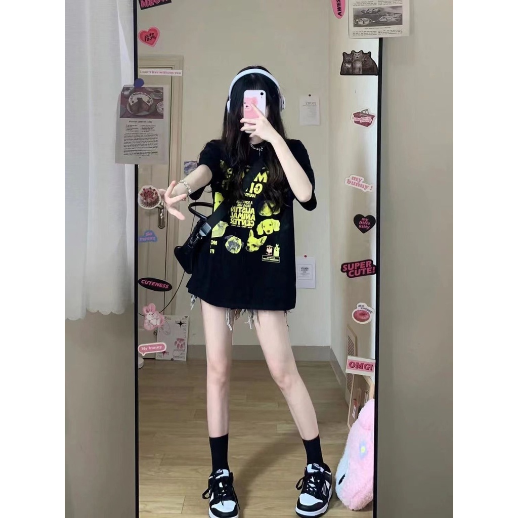 Jiashucheng Áo Thun Nữ Ngắn Tay In Chữ Phong Cách Mới