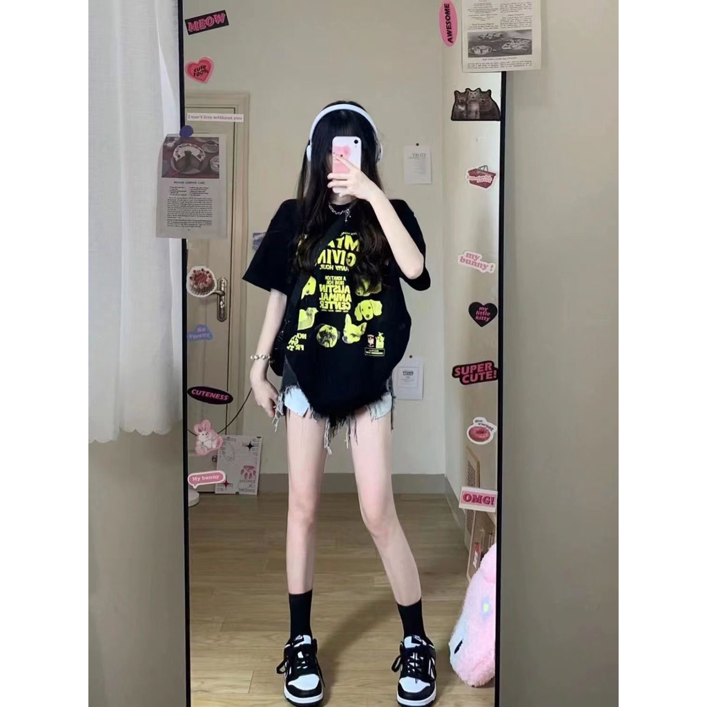 Jiashucheng Áo Thun Nữ Ngắn Tay In Chữ Phong Cách Mới