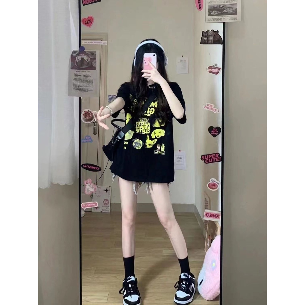 Jiashucheng Áo Thun Nữ Ngắn Tay In Chữ Phong Cách Mới