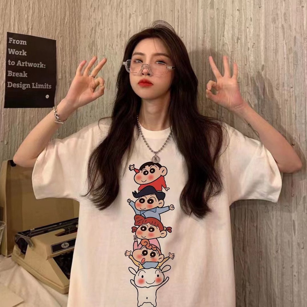 Jiashucheng Áo Thun Cotton Ngắn Tay Dáng Rộng In Hình Shin-Chan Thời Trang Mùa Hè Mới