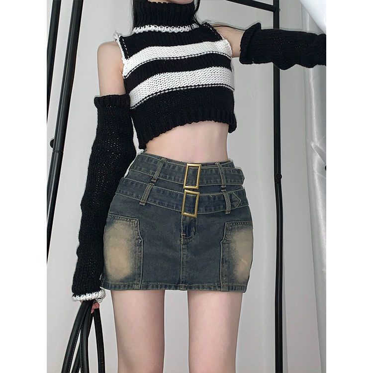 Jiashucheng Chân Váy Denim Lưng Cao Thời Trang Mùa Hè Phong Cách Mới Cho Nữ