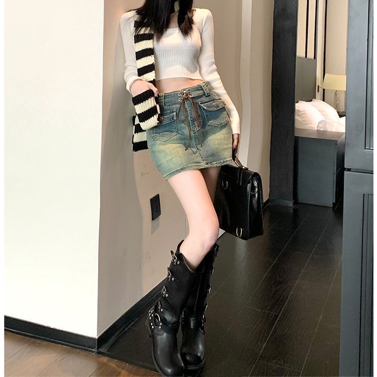 Jiashucheng Chân Váy Denim Chữ a Lưng Cao Thời Trang Thu Đông Dành Cho Nữ