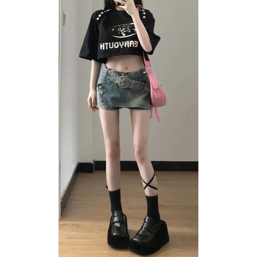 Jiashucheng Quần Culottes Denim Dáng Chữ a Ống Rộng Lưng Cao Phong Cách Retro Mỹ Mùa Hè Mới Cho Nữ