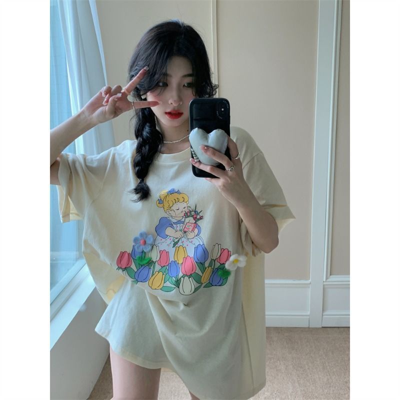 Jiashucheng Áo Thun Tay Ngắn Dáng Rộng In Họa Tiết Thời Trang Mùa Hè Phong Cách Hàn Quốc Cho Nữ