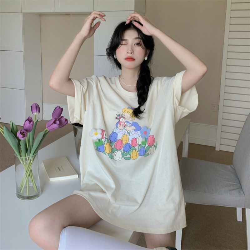 Jiashucheng Áo Thun Tay Ngắn Dáng Rộng In Họa Tiết Thời Trang Mùa Hè Phong Cách Hàn Quốc Cho Nữ