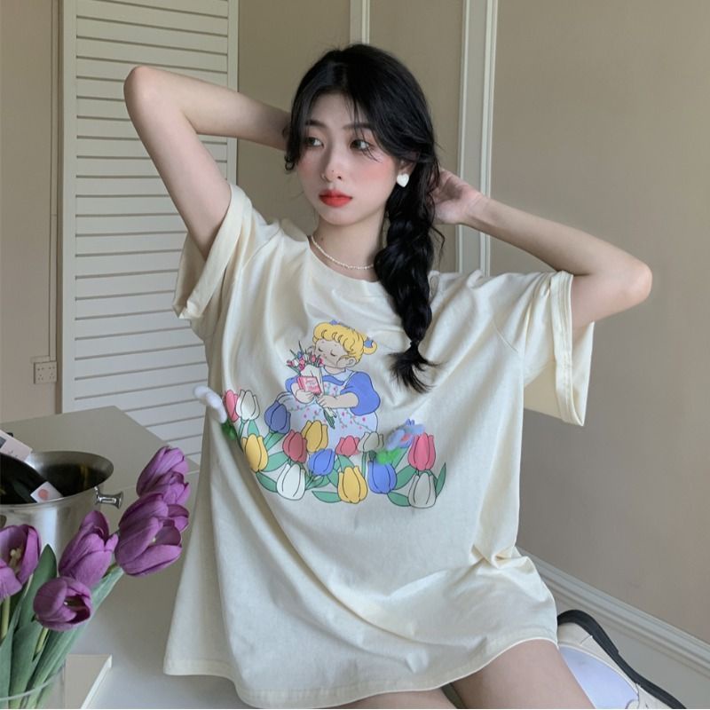 Jiashucheng Áo Thun Tay Ngắn Dáng Rộng In Họa Tiết Thời Trang Mùa Hè Phong Cách Hàn Quốc Cho Nữ