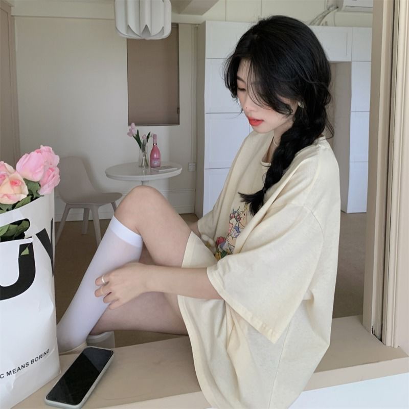 Jiashucheng Áo Thun Tay Ngắn Dáng Rộng In Họa Tiết Thời Trang Mùa Hè Phong Cách Hàn Quốc Cho Nữ