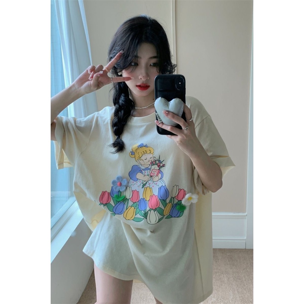 Jiashucheng Áo Thun Tay Ngắn Dáng Rộng In Họa Tiết Thời Trang Mùa Hè Phong Cách Hàn Quốc Cho Nữ