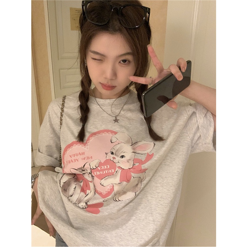 Jiashucheng Áo Thun 100% Cotton Tay Ngắn Dáng Rộng Cổ Tròn In Họa Tiết Thời Trang Mùa Hè Mới Cho Nữ