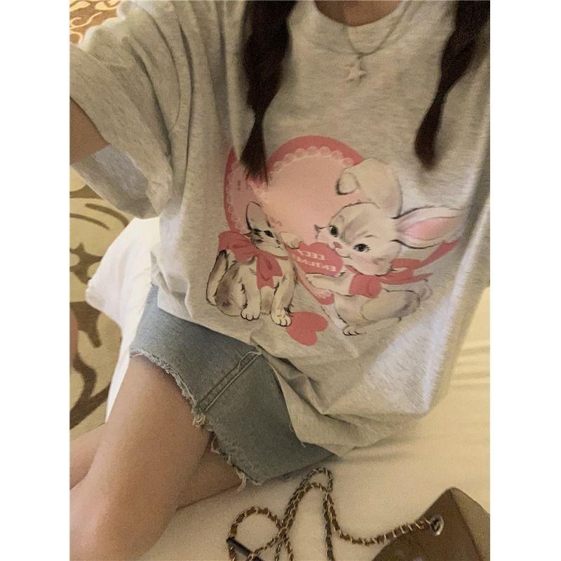 Jiashucheng Áo Thun 100% Cotton Tay Ngắn Dáng Rộng Cổ Tròn In Họa Tiết Thời Trang Mùa Hè Mới Cho Nữ