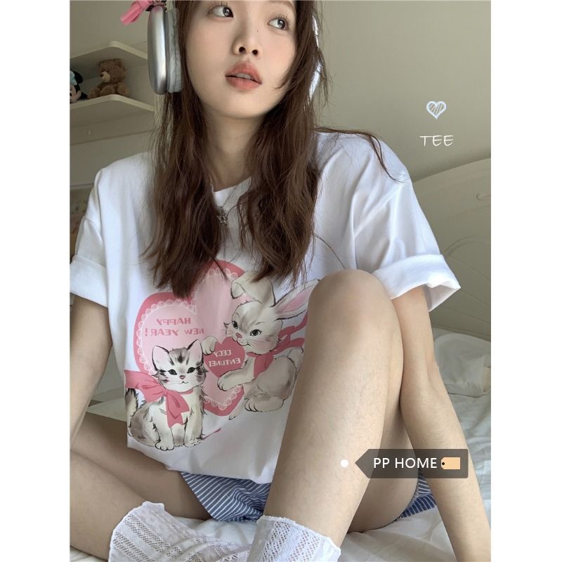 Jiashucheng Áo Thun 100% Cotton Tay Ngắn Dáng Rộng Cổ Tròn In Họa Tiết Thời Trang Mùa Hè Mới Cho Nữ