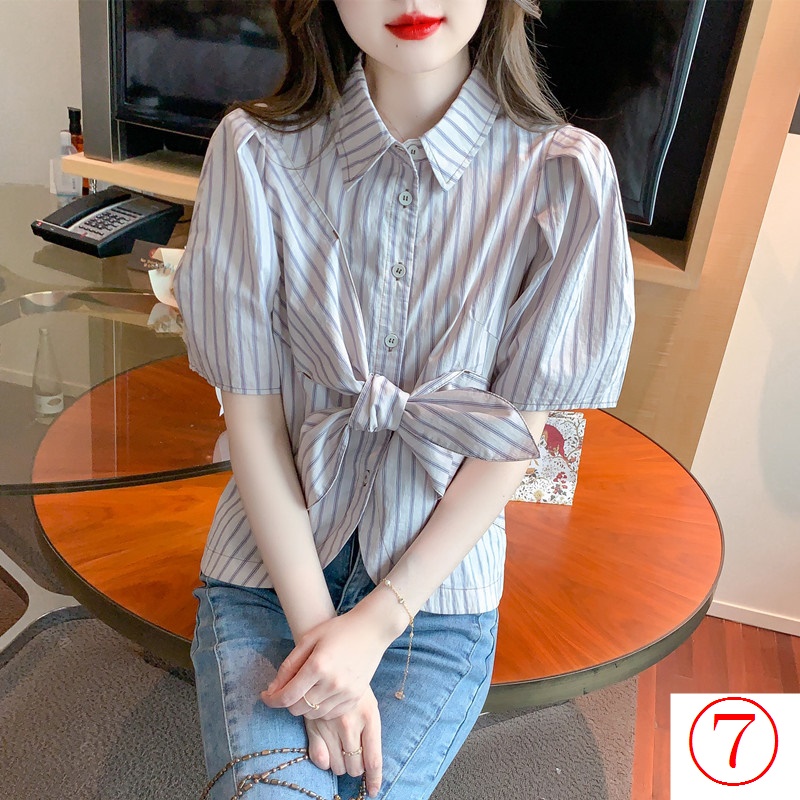 Áo Sơ Mi Tay Phồng Họa Tiết Kẻ Sọc Thắt Nút Thời Trang Mùa Hè 2023 Phong Cách Pháp Mới Cho Nữ