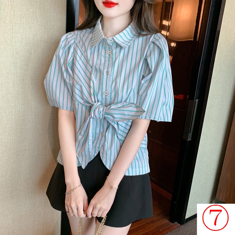 Áo Sơ Mi Tay Phồng Họa Tiết Kẻ Sọc Thắt Nút Thời Trang Mùa Hè 2023 Phong Cách Pháp Mới Cho Nữ