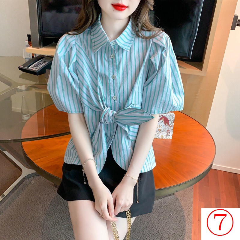 Áo Sơ Mi Tay Phồng Họa Tiết Kẻ Sọc Thắt Nút Thời Trang Mùa Hè 2023 Phong Cách Pháp Mới Cho Nữ