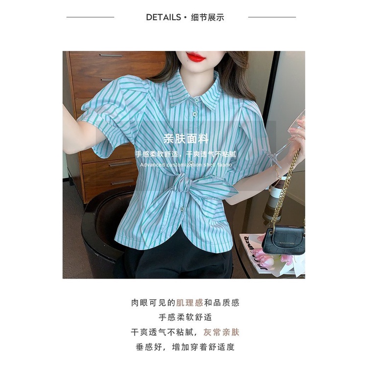 Áo Sơ Mi Tay Phồng Họa Tiết Kẻ Sọc Thắt Nút Thời Trang Mùa Hè 2023 Phong Cách Pháp Mới Cho Nữ