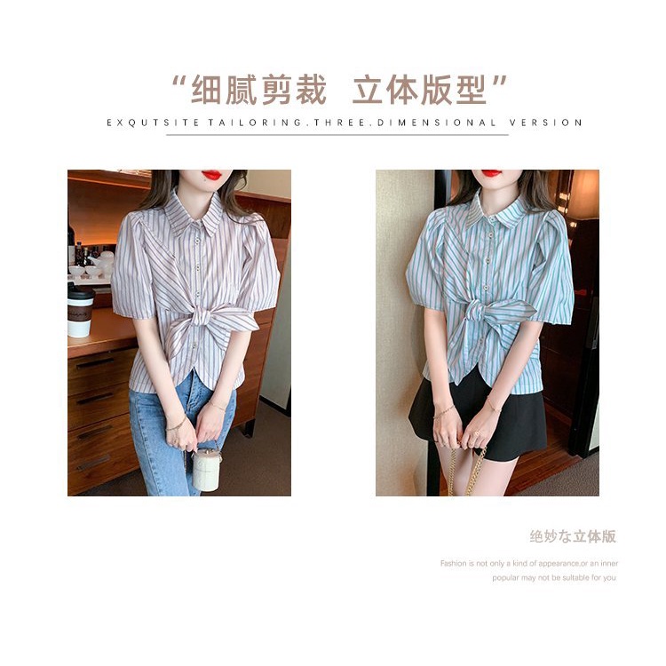 Áo Sơ Mi Tay Phồng Họa Tiết Kẻ Sọc Thắt Nút Thời Trang Mùa Hè 2023 Phong Cách Pháp Mới Cho Nữ