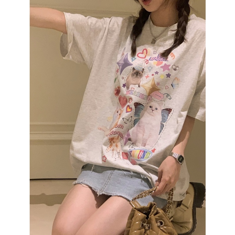 Jiashucheng Áo Thun Tay Ngắn Dáng Rộng In Hình Mèo Phong Cách Hàn Quốc Thời Trang Mùa Hè Cho Nữ