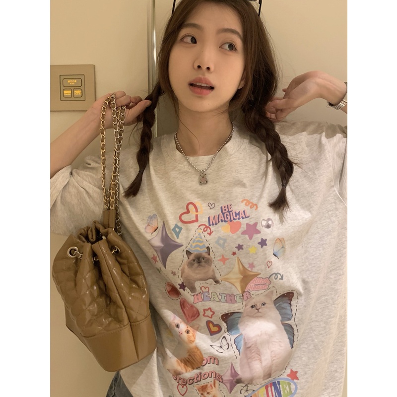 Jiashucheng Áo Thun Tay Ngắn Dáng Rộng In Hình Mèo Phong Cách Hàn Quốc Thời Trang Mùa Hè Cho Nữ