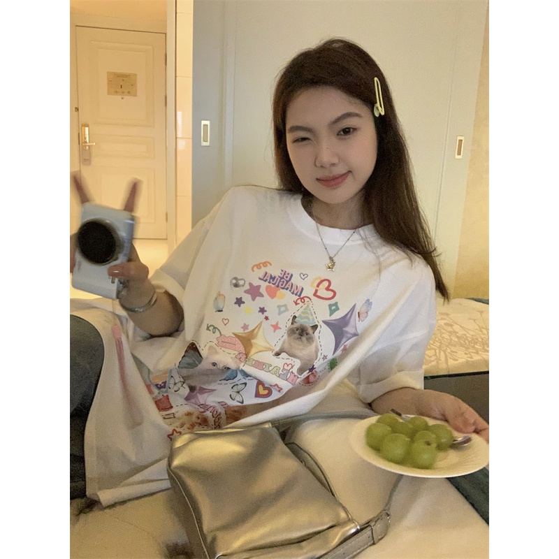 Jiashucheng Áo Thun Tay Ngắn Dáng Rộng In Hình Mèo Phong Cách Hàn Quốc Thời Trang Mùa Hè Cho Nữ