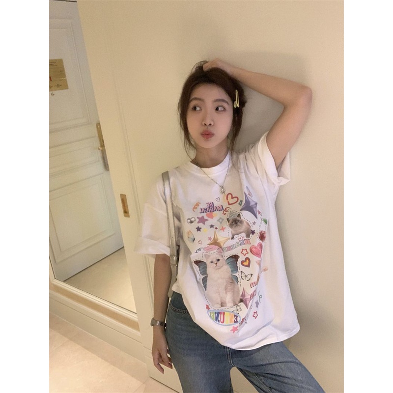 Jiashucheng Áo Thun Tay Ngắn Dáng Rộng In Hình Mèo Phong Cách Hàn Quốc Thời Trang Mùa Hè Cho Nữ