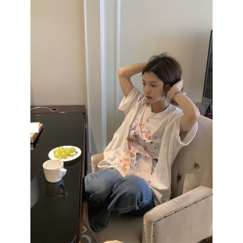 Jiashucheng Áo Thun Tay Ngắn Dáng Rộng In Hình Mèo Phong Cách Hàn Quốc Thời Trang Mùa Hè Cho Nữ