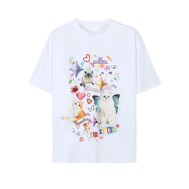 Jiashucheng Áo Thun Tay Ngắn Dáng Rộng In Hình Mèo Phong Cách Hàn Quốc Thời Trang Mùa Hè Cho Nữ