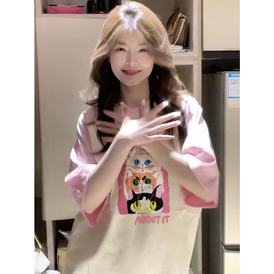 Jiashucheng Áo Thun Cotton Tay Ngắn Dáng Rộng In Hình Mèo Dễ Thương Phong Cách Nhật Bản Thời Trang Mùa Hè Cho Nữ