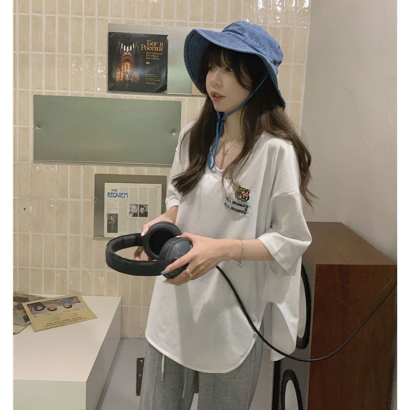 Jiashucheng Áo Thun Nữ Ngắn Tay Thêu Hình Hổ Phong Cách Hàn Quốc Mới