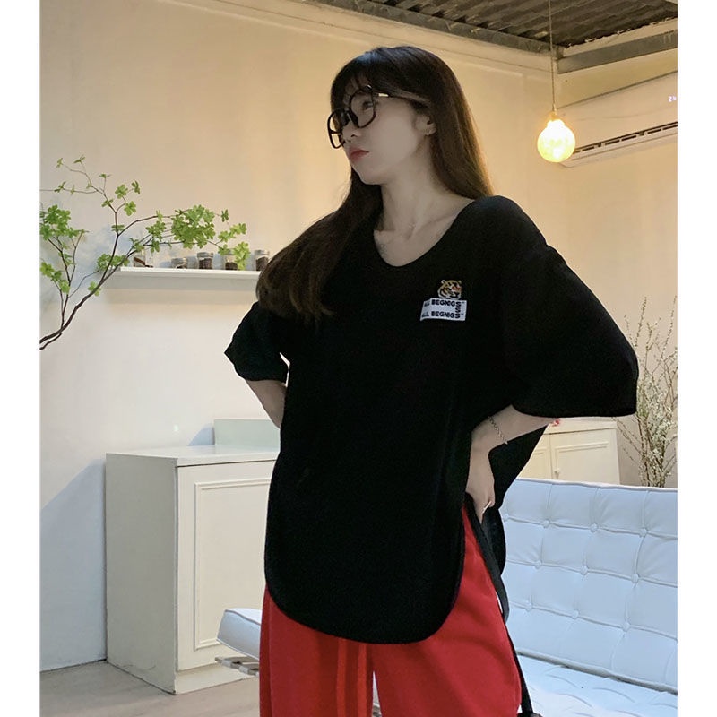 Jiashucheng Áo Thun Nữ Ngắn Tay Thêu Hình Hổ Phong Cách Hàn Quốc Mới