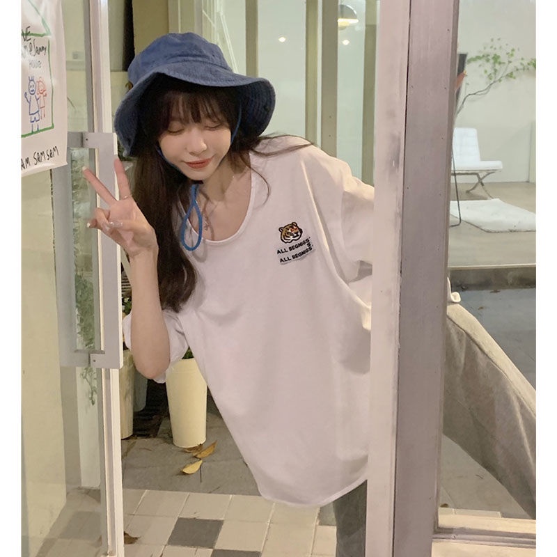 Jiashucheng Áo Thun Nữ Ngắn Tay Thêu Hình Hổ Phong Cách Hàn Quốc Mới