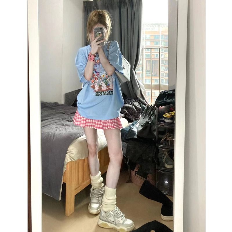 Jiashucheng Áo Thun Cotton Ngắn Tay Dáng Rộng In Họa Tiết Thỏ Phong Cách Retro Mỹ Cho Nữ